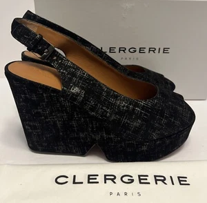 Clergerie Dylan 4 Black/Silver Suede Peeptoe Platform Slingback NIB Sz 41 US10.5 - Picture 1 of 11