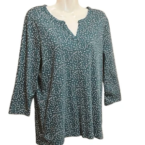 L.L.Bean womens top Sz Large green white black pullover 100% Cotton cottagecore - Picture 1 of 7