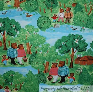 BonEful Fabric Cotton Quilt 3 Little BEARs Tree House Baby Boy Cabin Scene SCRAP - Picture 1 of 12