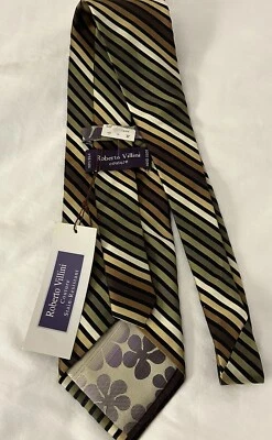 ROBERTO VILLINI Couture Silk Necktie ITALY Designer STRIPE Brown Green White NWT - Image 1 of 4