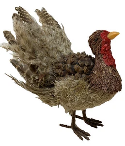 10” Natural Materials Turkey Statue Pinecone Feathers Rustic Thanksgiving Décor - Picture 1 of 9