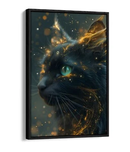 RETRATO DE GATO CON ORO BRILLANTE - IMPRESIÓN DE ARTE DE PARED LIENZO ENMARCADO EFECTO FLOTADOR - Imagen 1 de 12