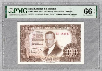 1953 Spain 100 Pesetas Banknote, PMG UNC 66 EPQ - Image 1 of 2