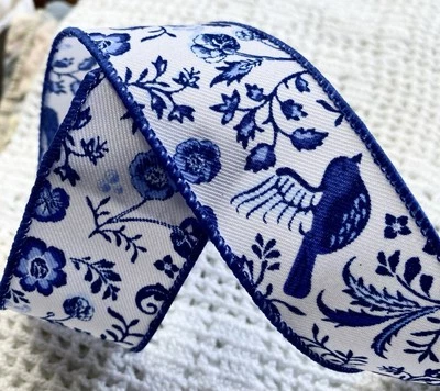 Blue Chinoiserie 1.5" x 2 yd Floral w Birds White Wired Ribbon Country Cottage - Image 1 of 4