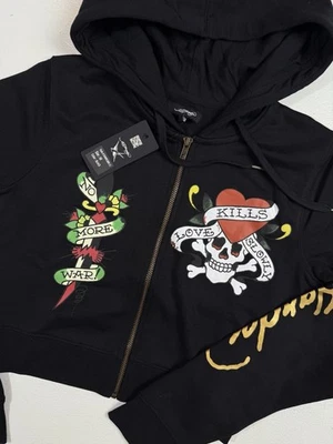 Ed Hardy Sudadera con Capucha Recortada Cremallera Mujer Talla Mediana Chaqueta Calavera Love Kills Lentamente Nueva Foto 1 de 4