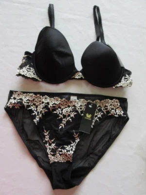 WACOAL Embroidered Black & Tan   Lace Bra, Sz 38 B & Panties,  Sz Lg,  NWT - Image 1 of 4