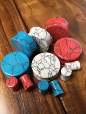 ALL 3 PAIR Stone Plugs Blue Turquoise Red Turquoise White Howlite Gauges - Image 1 of 4