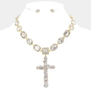Gold Multi Crystal Stone Cross Pendant Chain Set Charm Necklace Rhinestone Bling - Bild 1 von 3