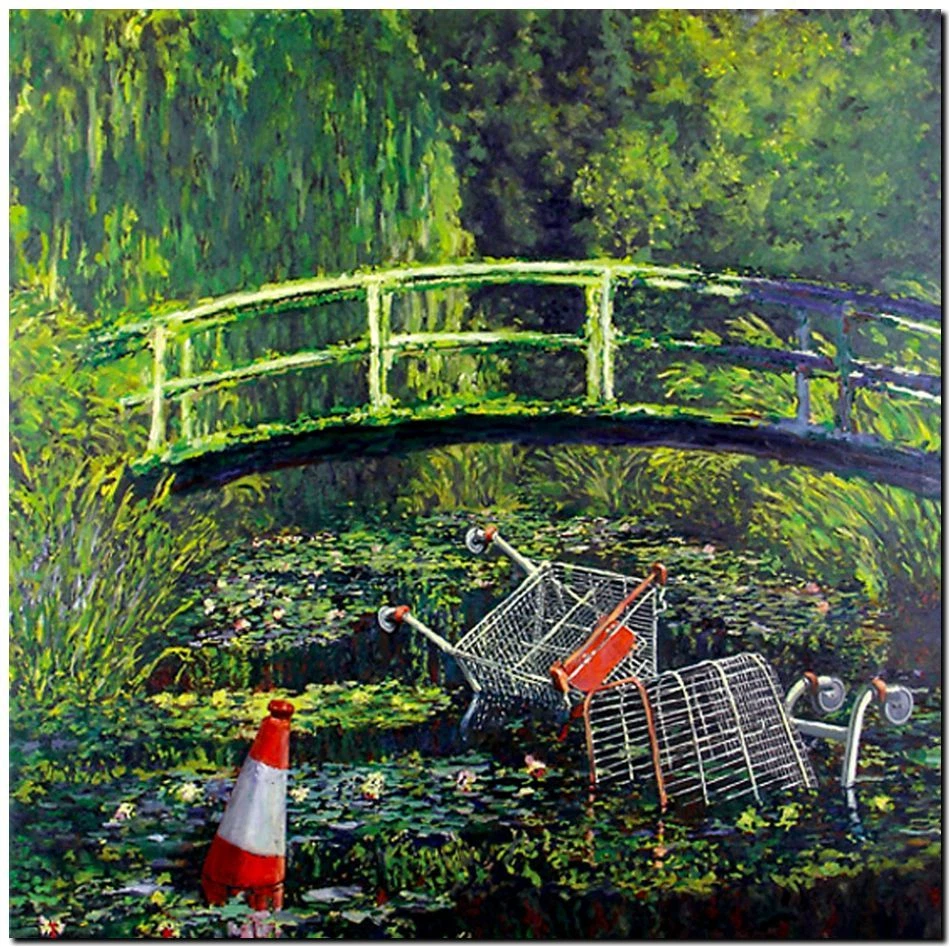 BANKSY STREET ART CANVAS PRINT Monet Japanese bridge 24"X 36" stencil poster - Image 1 of 1