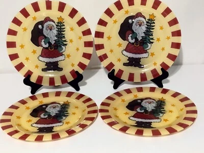 4 стеклянные рождественские красные и желтые обеденные тарелки с красным носом Санта-Клауса Arcoroc Франция - Изображение 1 из 4