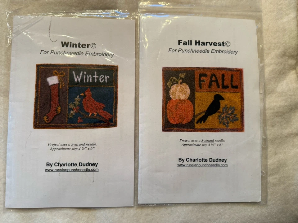 Two Charlotte Dudley Punchneedle Patterns Fall Harvest Winter Fabric Included - Image 1 of 4