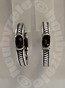 Italian Designer Sterling and Gold Smokey Quartz Hoop Earrings - Picture 1 of 10