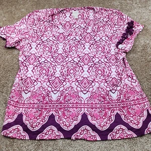 Chicos Shirt Womens Extra Large 3 Pink Purple All Over Top Blouse Pom Pom V Neck - Picture 1 of 6