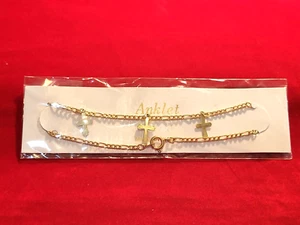 Pretty Spiritual Goldtone Anklet with Three Tiny Crosses & Spring-Ring Clasp 8" - Picture 1 of 5