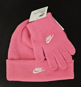 NEW NIKE PERFECT GIFT GIRLS BEANIE HAT CAP GLOVES 2PIECE SET KNIT PINK LOGO - Picture 1 of 3