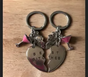 Best Friends Best Bitches Pink Glass Charms Decorated Key Chain - Picture 1 of 1