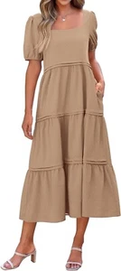 KIRUNDO Women Summer Maxi Dress Casual Loose Puff Sleeve Square Neck Khaki XL - Picture 1 of 6