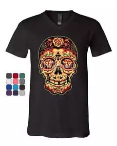 Day of The Dead Sugar Skull V-Neck T-Shirt Gold Calavera Dia de Muertos Tee - Picture 1 of 5