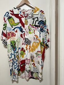 Urban Outfitters Doodle Print Art Graphic Camp Collar Button-Up Shirt Size L
