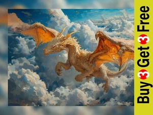 Maestoso Drago Cielo Volo Dipinto Olio Stampa 5"x7" Carta Opaca - Foto 1 di 5