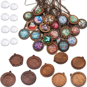 Bezel Pendant Trays round Wooden and Glass Cabochon round Clear Dome for DIY Cra - Picture 1 of 6