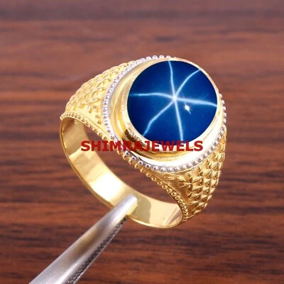 Künstlicher Linde Star Saphir Mit 18K Vergoldet Silber Ring für Herren #990 - Bild 1 von 4