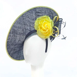 NEW Women's NAVY BLUE & YELLOW Flower Fascinator Headband Tea Party Large HAT - Picture 1 of 1