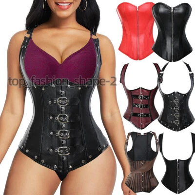 Women Boned Corset Underbust Faux Leather Bustier Tops Gothic Steampunk Clubwear - Image 1 of 4