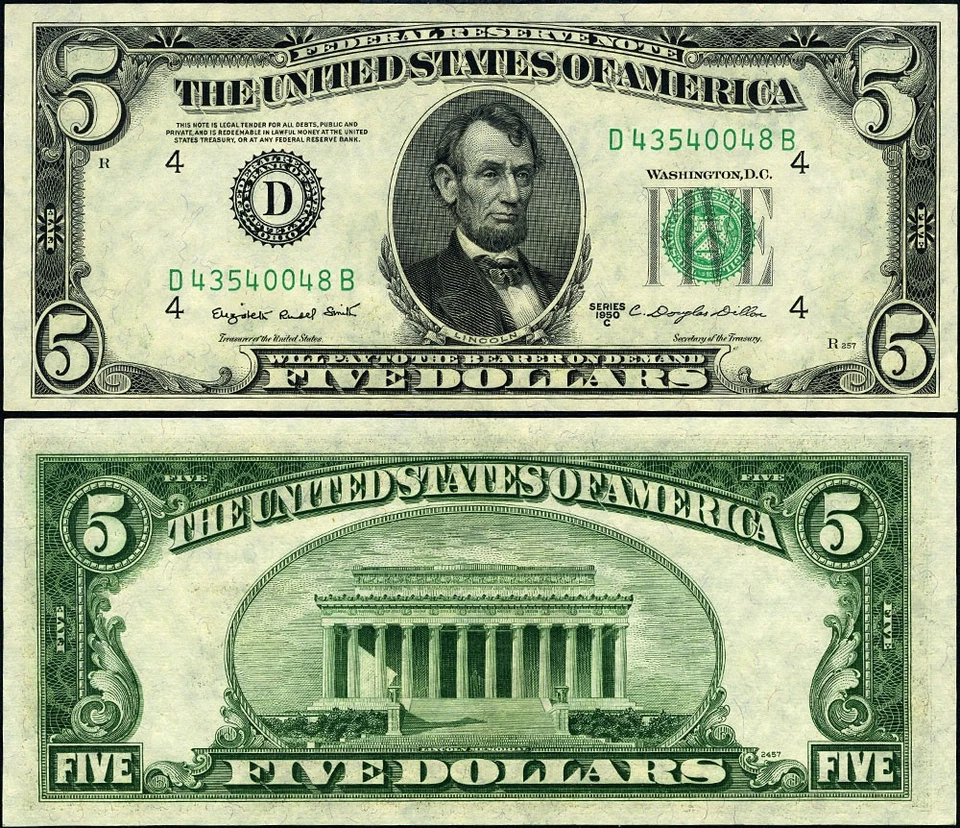 FR. 1964 D $5 1950-C Federal Reserve Note Cleveland D-B Block Gem CU - Image 1 of 3