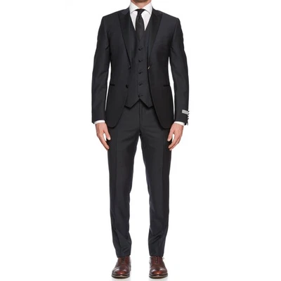 Traje Formal CANALI 1934 Lana Negra 3 Piezas Solapa Pico NUEVO Modelo Actual Calce Ajustado Foto 1 de 4