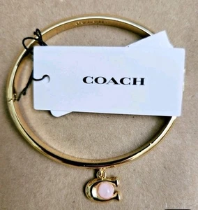 Coach Charm Hinge Bangle C Logo Gold tone Pink Quartz Bracelet, NWT $95! CUTE! - Picture 1 of 5