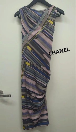 Autentico Abito CHANEL Stretto Drappeggio Bottoni Righe Multicolore Taglia 34 Donna