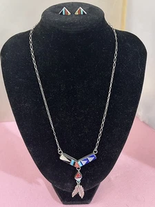 Amerikanische Ureinwohner Sterlingsilber mehrere Steine - mehrfarbige Halskette und Ohrringe  - Bild 1 von 7