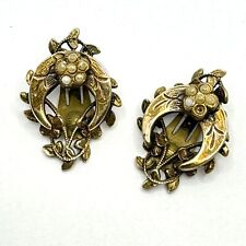 Antique Vtg Victorian Style Ornate Leaves Faux Pearl Clip On Earrings Gold Tone