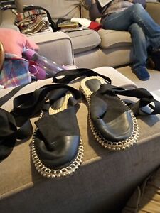 Women's Sandals Black Espadrilles Long Ribbon Tie Size 5