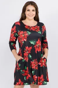Women's Christmas Poinsettia Flower Print Dress - Picture 1 of 8