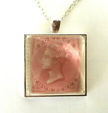 Vintage UK Stamp 1970 Philympia Exhibition Silver Plated Necklace Pendant Pink