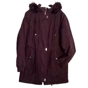 ST JOHNS BAY Microsuede Black Full Zip Anorak Faux Fur Removable Hood Jacket M - Picture 1 of 21