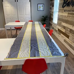 VINTAGE ANTIQUE X PATTERN BLUE, WHITE, AND YELLOW FABRIC 35"x141" - Picture 1 of 5