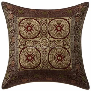 Indischer Brokat Überwurf Kissenbezug Burgund 16 x 16 Jacquard Mandala Kissen 1 Stück - Bild 1 von 3