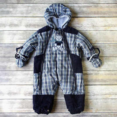 Traje de nieve La Petite by Rothschild para niños talla 24M con cremallera azul a cuadros guantes de oso Foto 1 de 4