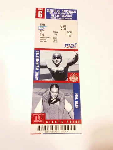 2019 New York Giants Arizona Cardinals NFL Football Full Ticket Stub Cover