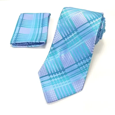 Stacy Adams Luxury Tie Blue Lavender Plaid Necktie w/ Matching Pocket Square - Image 1 of 4