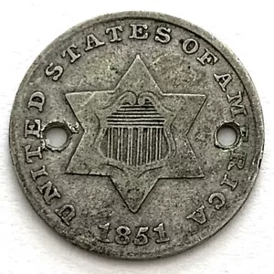 1851 Type 1 3C Three Cent Silver Piece: Holed - Picture 1 of 2
