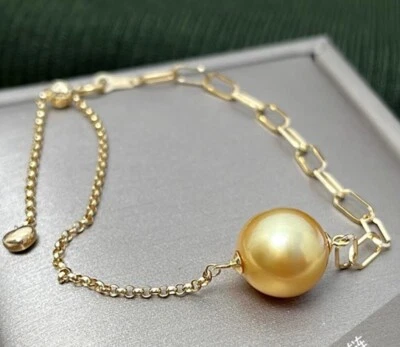Gorgeous AAAAA 10-11mm Round South Sea Golden pearl Bracelet 7.5-8" 925S - Image 1 of 3