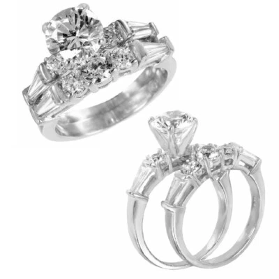 Argento Sterling Rotondo & Baguette Taglio Zirconi Anello Set W/ 7 MM (1.25 KT) - Immagine 1 di 4
