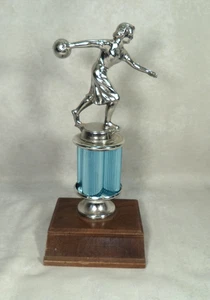 Vintage 1970s Womens Bowling Trophy Silver and Blue Brown Wood Base UNENGRAVED - Picture 1 of 9