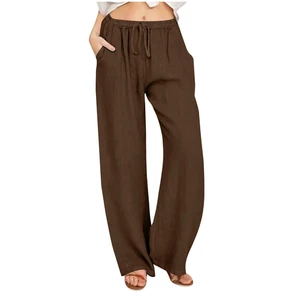 Pantalones para mujer Pantalones para mujer Calce relajado Pierna recta Algodón liso Lino Cordón - Imagen 1 de 12