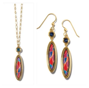 Brighton Color Mix Gold Tone Drop Earrings & Long Necklace Multi Color Enamel - Picture 1 of 9