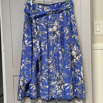 NUEVO CON ETIQUETAS Falda de Algodón Talbots Para Mujer 8 Azul Floral Dobladillo Festoneado Cinturón Corbata Cremallera Foto 1 de 4